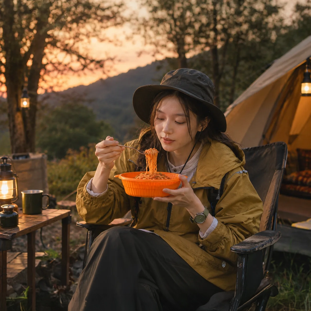 캠핑장에서 오!렌지로 식사하는 여성